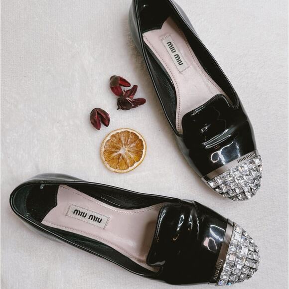 Miu Miu Shoes Black Patent Leather Crystal Embellished Loafers Glam Size 35.5